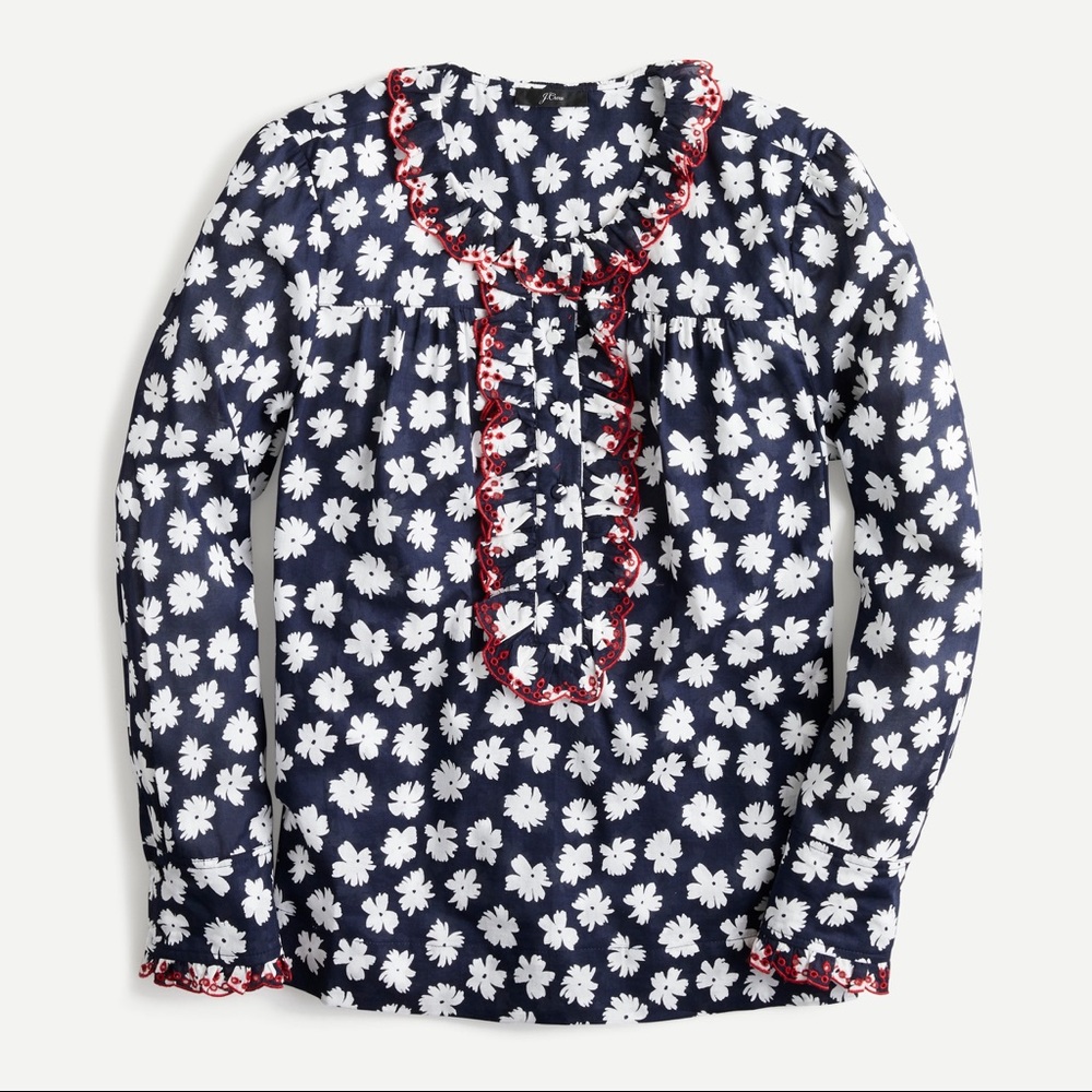 J. Crew Navy Floral Ruffle-Trim Blouse with Red Trim